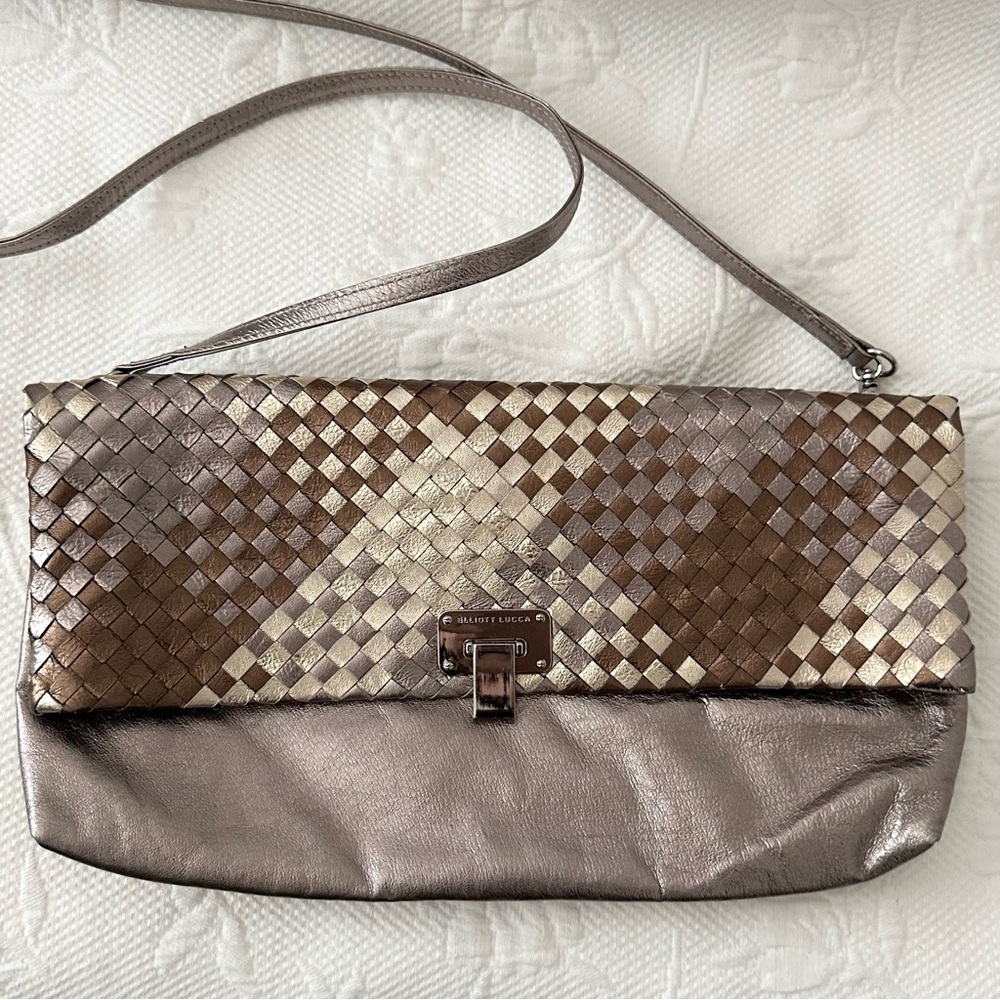Elliott Lucca Metallic Woven Leather 3-in-1 Bag – Clutch, Crossbody, Shoulder